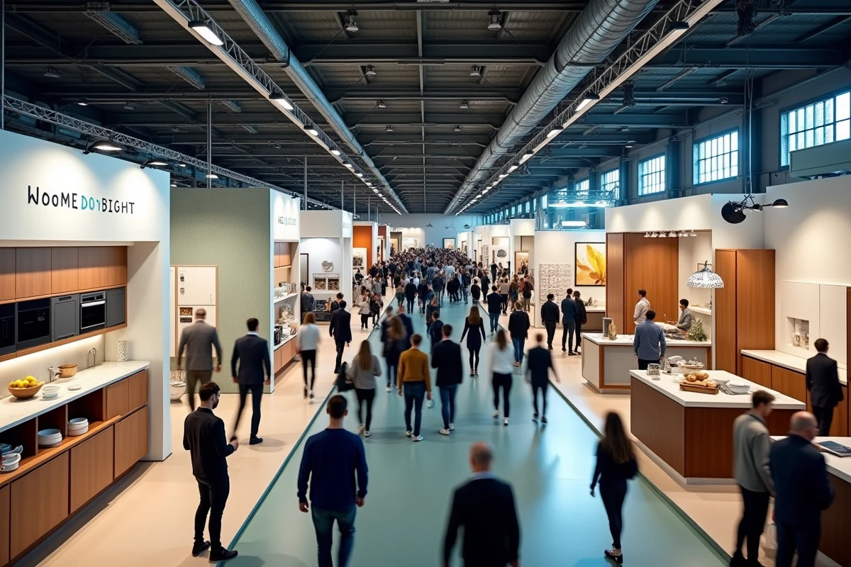 Vue d'ensemble du salon tendances habitat 2024 avec allées bondées et stands de décoration contemporaine