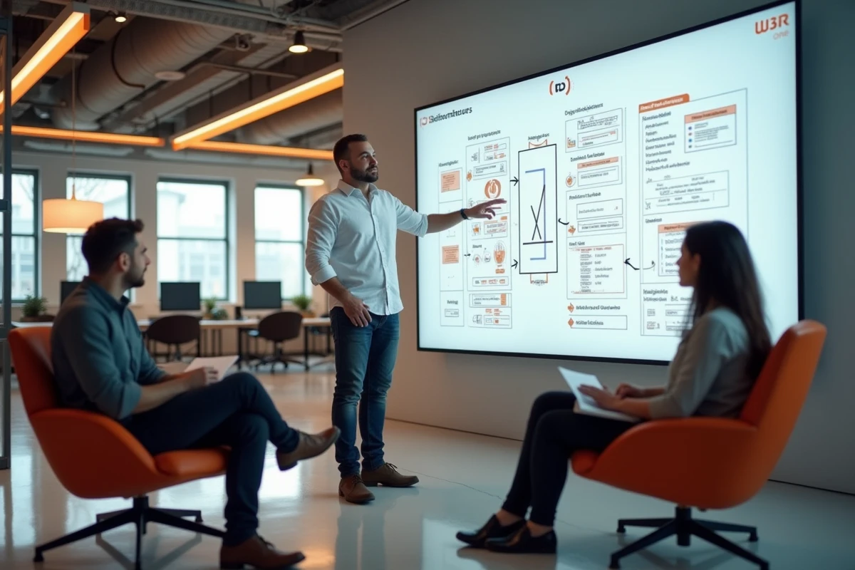 Développeur senior de W3R One expliquant une architecture système PHP sur un grand tableau blanc dans un bureau moderne aux accents orangés