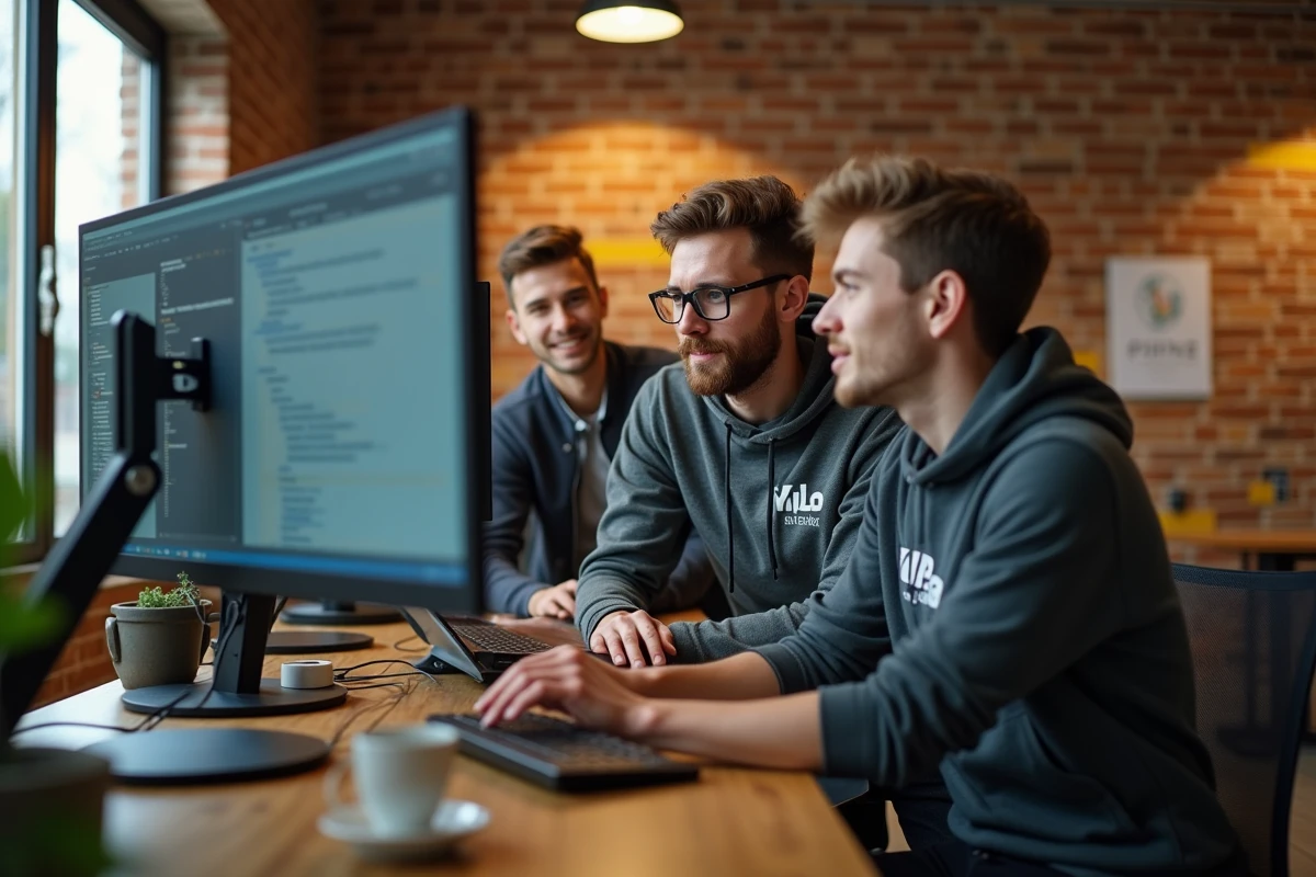 Équipe de Yield Studio travaillant sur des projets de développement PHP dans un studio créatif aux murs en briques apparentes
